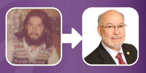 Two photos. One showing a young man with long dark hair and a beard wearing a sweater vest. The other a man in a suit and tie wearing glasses.